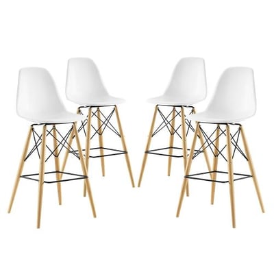 Modway Pyramid Bar Stools with Natural Wood Legs in White - Set of 4