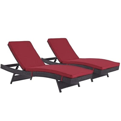 Modway Convene Wicker Rattan Outdoor Patio Chaise Lounge Chairs in Espresso Red - Set of 2