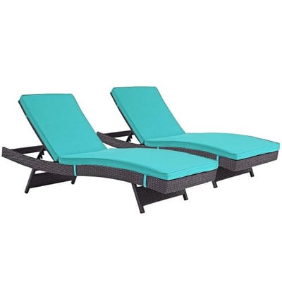 Modway Convene Wicker Rattan Outdoor Patio Chaise Lounge Chairs in Espresso Turquoise - Set of 2