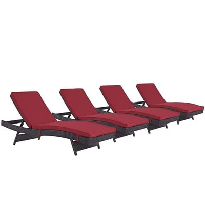 Modway Convene Wicker Rattan Outdoor Patio Chaise Lounge Chairs in Espresso Red - Set of 4