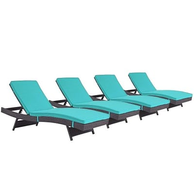 Modway Convene Wicker Rattan Outdoor Patio Chaise Lounge Chairs in Espresso Turquoise - Set of 4