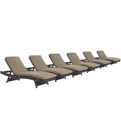 Modway Convene Wicker Rattan Outdoor Patio Chaise Lounge Chairs in Espresso Mocha - Set of 6