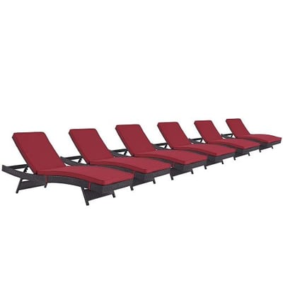 Modway Convene Wicker Rattan Outdoor Patio Chaise Lounge Chairs in Espresso Red - Set of 6