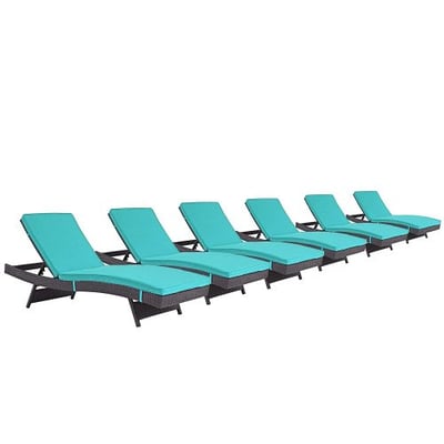 Modway Convene Wicker Rattan Outdoor Patio Chaise Lounge Chairs in Espresso Turquoise - Set of 6