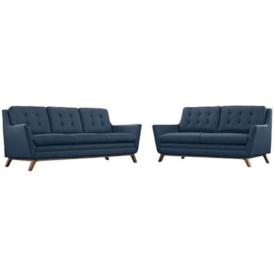 Modway Beguile Mid-Century Modern Sofa Upholstered Fabric With Sofa and Loveseat In Azure