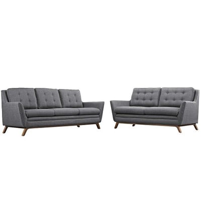 Modway Beguile Mid-Century Modern Sofa Upholstered Fabric With Sofa and Loveseat In Gray