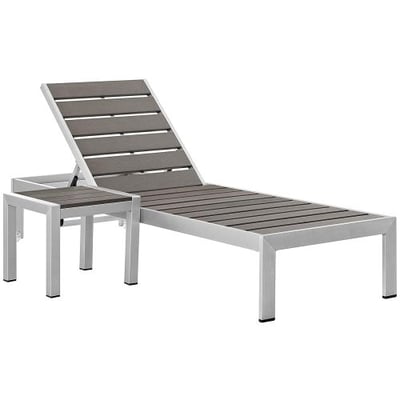 Modway Shore Aluminum Outdoor Patio Chaise Lounge Chair and Side Table Set in Silver Gray