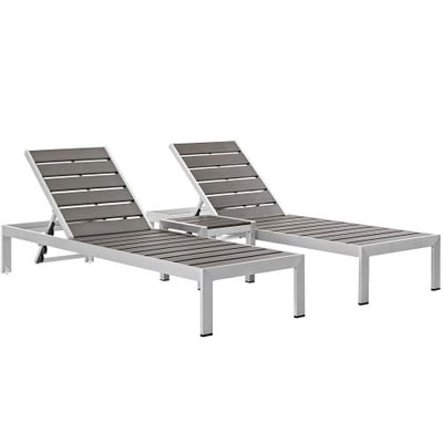 Modway Shore 3-Piece Aluminum Outdoor Patio Chaise Lounge Chairs Side Table Set in Silver Gray