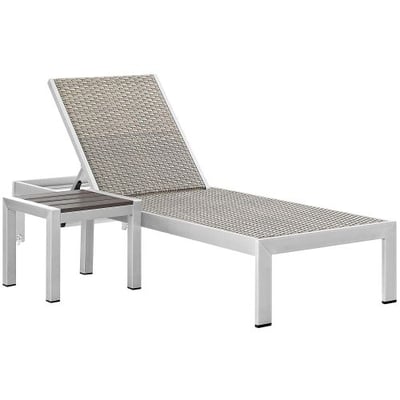 Modway Shore Aluminum and Rattan Outdoor Patio Chaise Lounge Chair and Side Table Set in Silver Gray