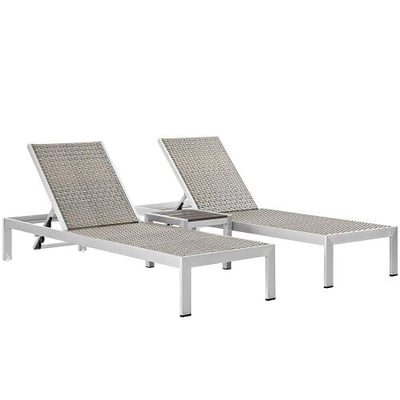 Modway Shore 3-Piece Aluminum Rattan Outdoor Patio Chaise Lounge Chairs Side Table Set in Silver Gray