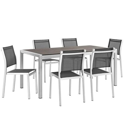 Modway Shore 7-Piece Aluminum Outdoor Patio Dining Table Set in Silver Black