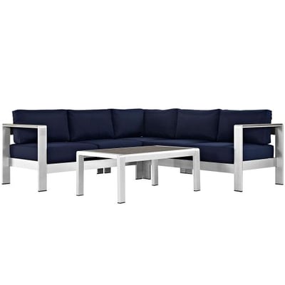 Modway Shore 4-Piece Aluminum Outdoor Patio Sectional Sofa Set in Silver Navy