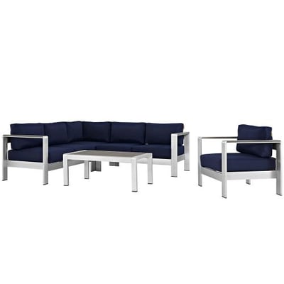 Modway Shore 5-Piece Aluminum Outdoor Patio Sectional Sofa Set in Silver Navy