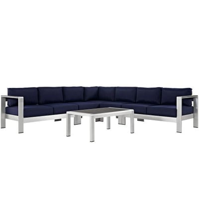 Modway Shore 6-Piece Aluminum Outdoor Patio Sectional Sofa Set in Silver Navy