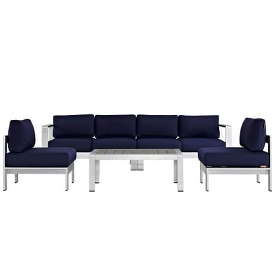 Modway Shore 5-Piece Aluminum Outdoor Patio Sectional Sofa Set in Silver Navy
