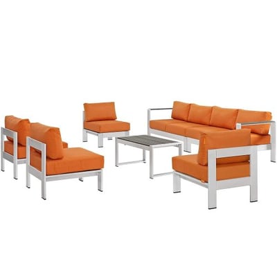 Modway Shore 7-Piece Aluminum Outdoor Patio Sectional Sofa Set in Silver Orange