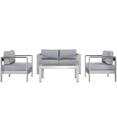 Modway Shore 4-Piece Aluminum Outdoor Patio Furniture Set in Silver Gray