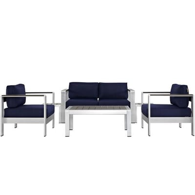 Modway Shore 6-Piece Aluminum Outdoor Patio Sectional Sofa Set in Silver Navy