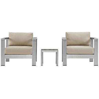 Modway 3 Piece Shore Outdoor Patio Aluminum Sectional Sofa Set, Silver/Beige - 2 Armchairs and Side Table