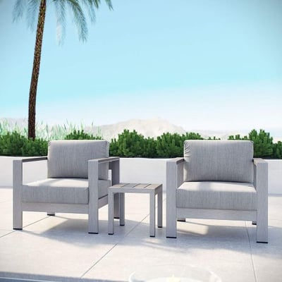 Modway Shore 3-Piece Aluminum Outdoor Patio Furniture Set in Silver Gray