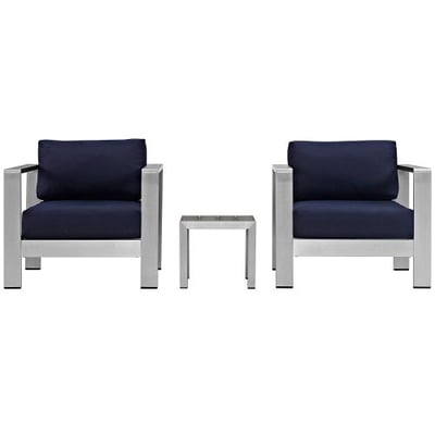 Modway 3 Piece Shore Outdoor Patio Aluminum Sectional Sofa Set, Silver/Navy - 2 Armchairs and Side Table