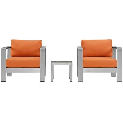 Modway Shore 3-Piece Aluminum Outdoor Patio Furniture Set in Silver Orange