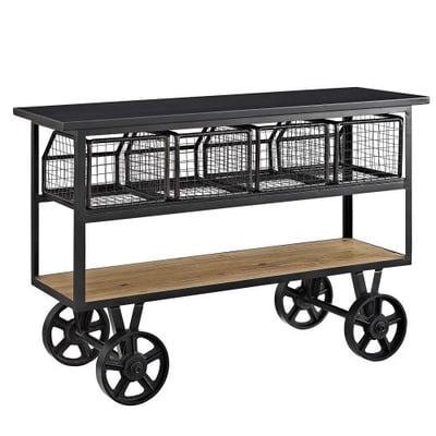 Modway Fairground Industrial Farmhouse Pine Wood and Steel Kitchen Serving Stand on Metal Casters