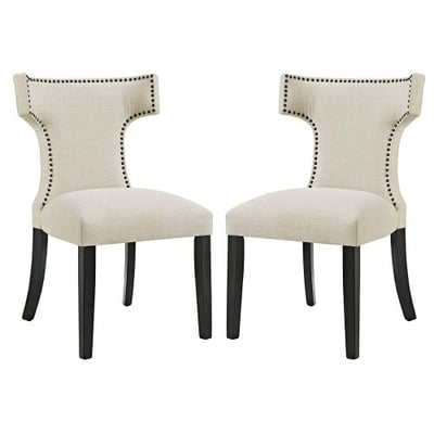 Modway Curve Mid-Century Modern Upholstered Fabric Two Dining Chair Set With Nailhead Trim In Beige