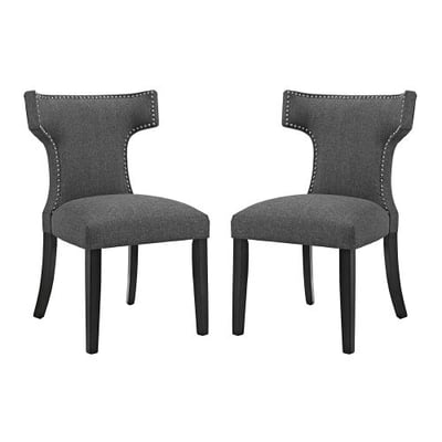 Modway Curve Mid-Century Modern Upholstered Fabric Two Dining Chair Set with Nailhead Trim in Gray