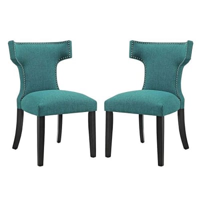 Modway Curve Mid-Century Modern Upholstered Fabric Two Dining Chair Set With Nailhead Trim In Teal