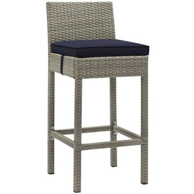 Modway Conduit Wicker Rattan Outdoor Patio Bar Stool with Cushion in Light Gray Navy