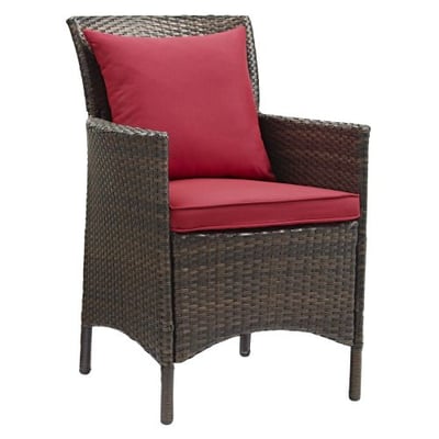 Modway Converge Wicker Rattan Outdoor Patio Dining Arm Chair with Cushion in Brown Red