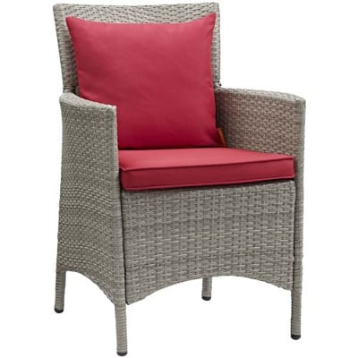 Modway Conduit Wicker Rattan Outdoor Patio Dining Arm Chair with Cushion in Light Gray Red