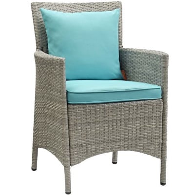 Modway Conduit Wicker Rattan Outdoor Patio Dining Arm Chair with Cushion in Light Gray Turquoise