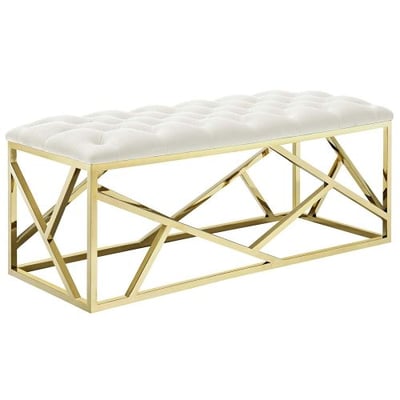 Modway EEI-2847-GLD-IVO Intersperse Tufted Modern Bench with Gold Stainless Steel Geometric Frame, Ivory