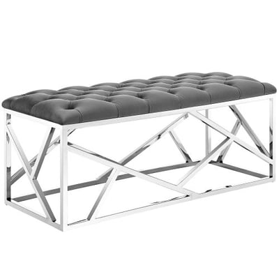 Modway EEI-2867-SLV-GRY Intersperse Button-Tufted Contemporary Modern Bench with Metallic Geometric Frame, Silver Gray