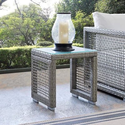 Modway EEI-2922-GRY Aura Outdoor Patio Wicker Rattan Side Table, Glass