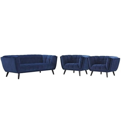 Modway EEI-2981-NAV-SET Bestow Upholstered Velvet Button-Tufted Sofa and Armchairs 3-Piece Set Navy