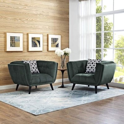 Modway EEI-2983-GRN-SET Bestow Upholstered Velvet Fabric Button-Tufted Armchairs - Set of 2 Green