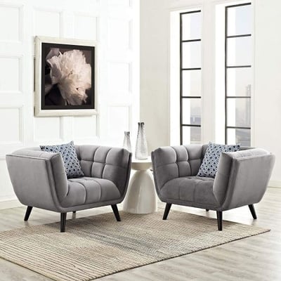 Modway EEI-2983-GRY-SET Bestow Upholstered Velvet Fabric Button-Tufted Armchairs - Set of 2 Gray