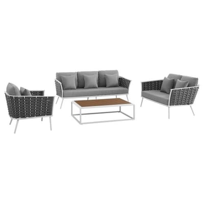 Modway Stance 4 Piece Outdoor Patio Aluminum Sectional Sofa Set in White Gray, Seaitng for Six