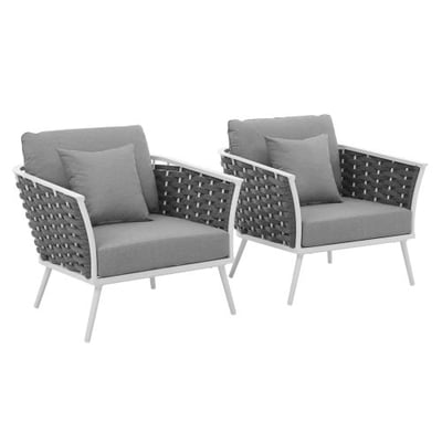 Modway Stance Outdoor Patio Woven Rope Two Dining Arm Chairs with Cushions in White Gray