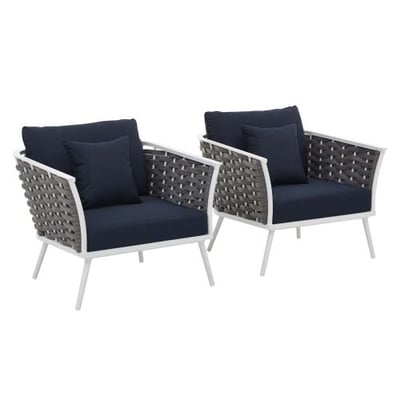 Modway Stance Outdoor Patio Woven Rope Two Dining Arm Chairs with Cushions in White Navy