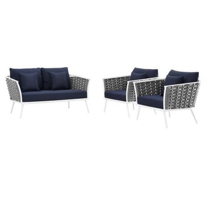 Modway EEI-3170-WHI-NAV-SET Stance Outdoor Patio Aluminum, Loveseat and Two Armchairs, White Navy