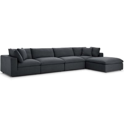 Modway Commix Down Filled Overstuffed 5 Piece Sectional Sofa Set, Seating for 4-Ottoman, Gray