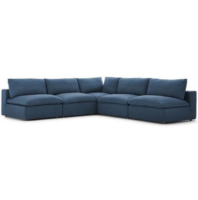 Modway Commix Down Filled Overstuffed 5 Piece Sectional Sofa Set, Corner Chair/Four Armless Chairs, Azure
