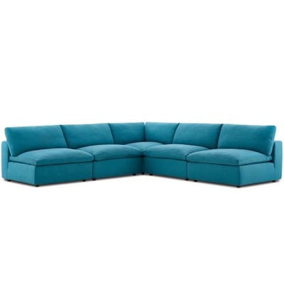 Modway Commix Down Filled Overstuffed 5 Piece Sectional Sofa Set, Corner Chair/Four Armless Chairs, Teal