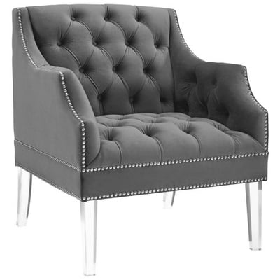 Modway Proverbial Performance Velvet Accent Lounge Arm Chair With Acrylic Legs in Gray