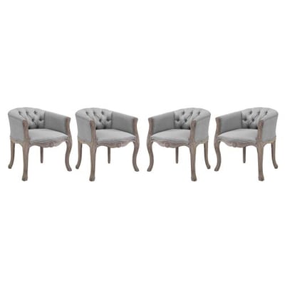 Modway Crown French Vintage Barrel Back Tufted Upholstered Fabric Fully Assembled, Four Dining Armchairs, Light Gray