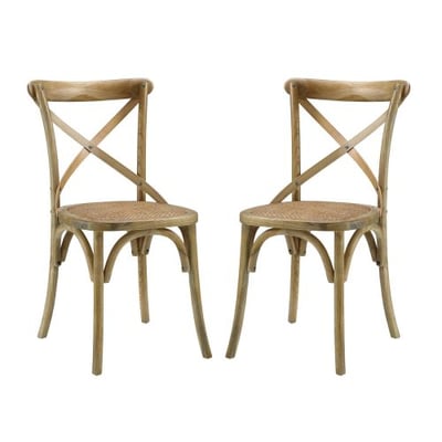 Modway Gear Rustic Modern Farmhouse Elm Wood Rattan Two Dining Chairs in Natural